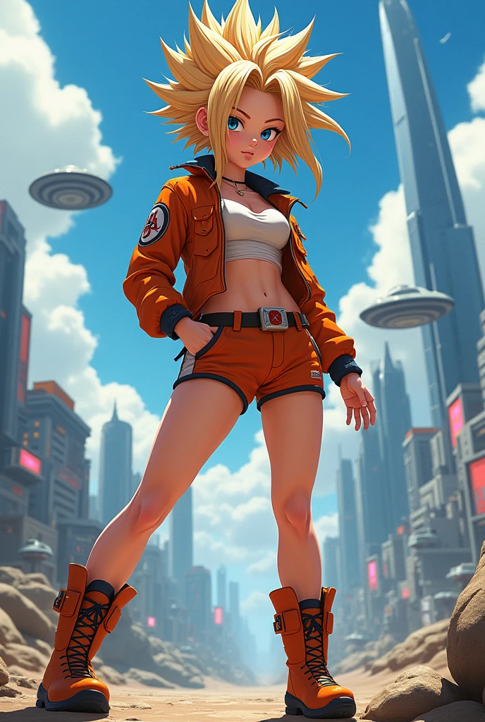 Image of a female version of Goku wearing Bulma's clothes.