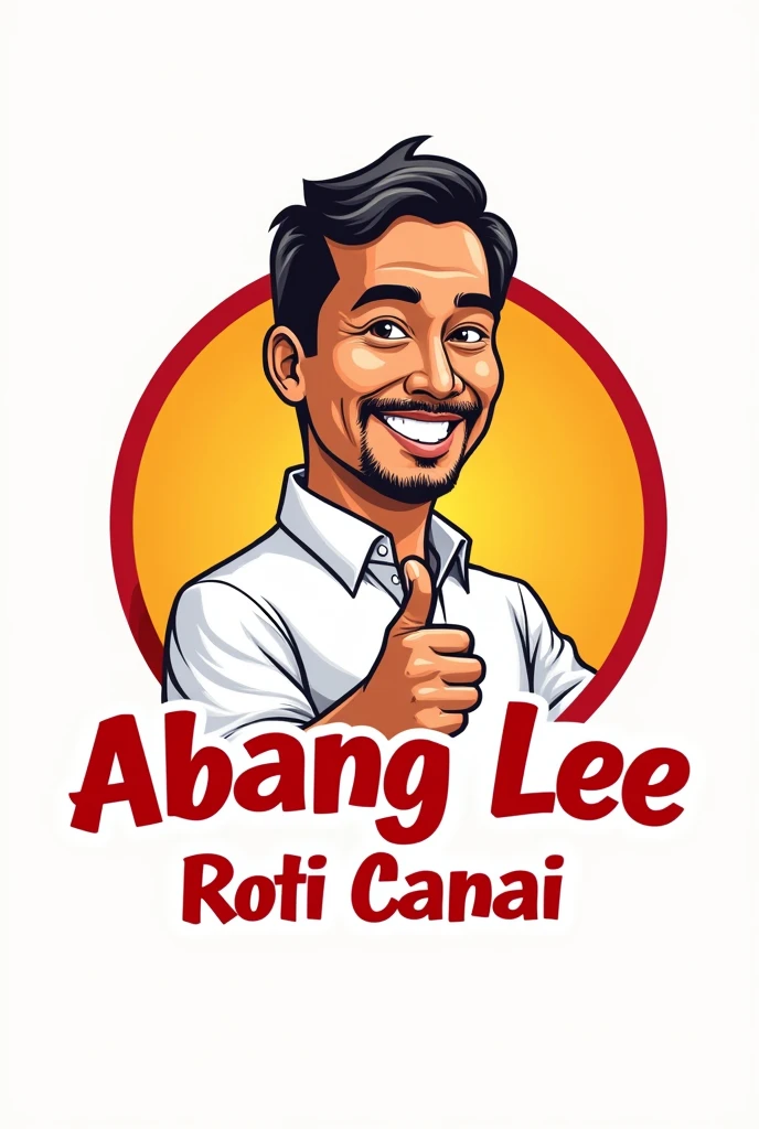 word "Abang Lee Roti Canai" for logo. industri. red white yellow font. like mcd logo. man age 50 muslim small beard. Malay man face. white shirt. tan skin. thumb up hand.