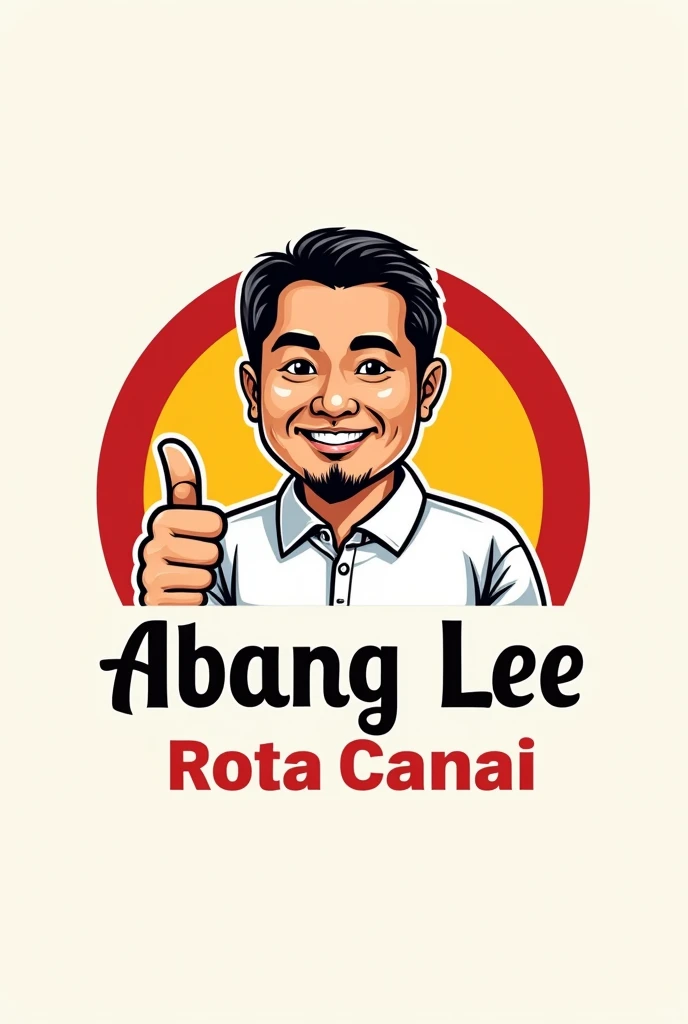 word "Abang Lee Roti Canai" for logo. industri. red white yellow font. like mcd logo. man age 50 muslim small beard. Malay man face. white shirt. tan skin. thumb up hand.