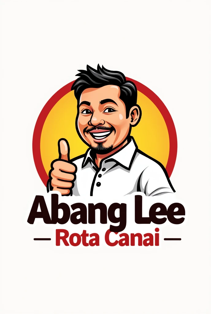 word "Abang Lee Roti Canai" for logo. industri. red white yellow font. like mcd logo. man age 50 muslim small beard. Malay man face. white shirt. tan skin. thumb up hand.
