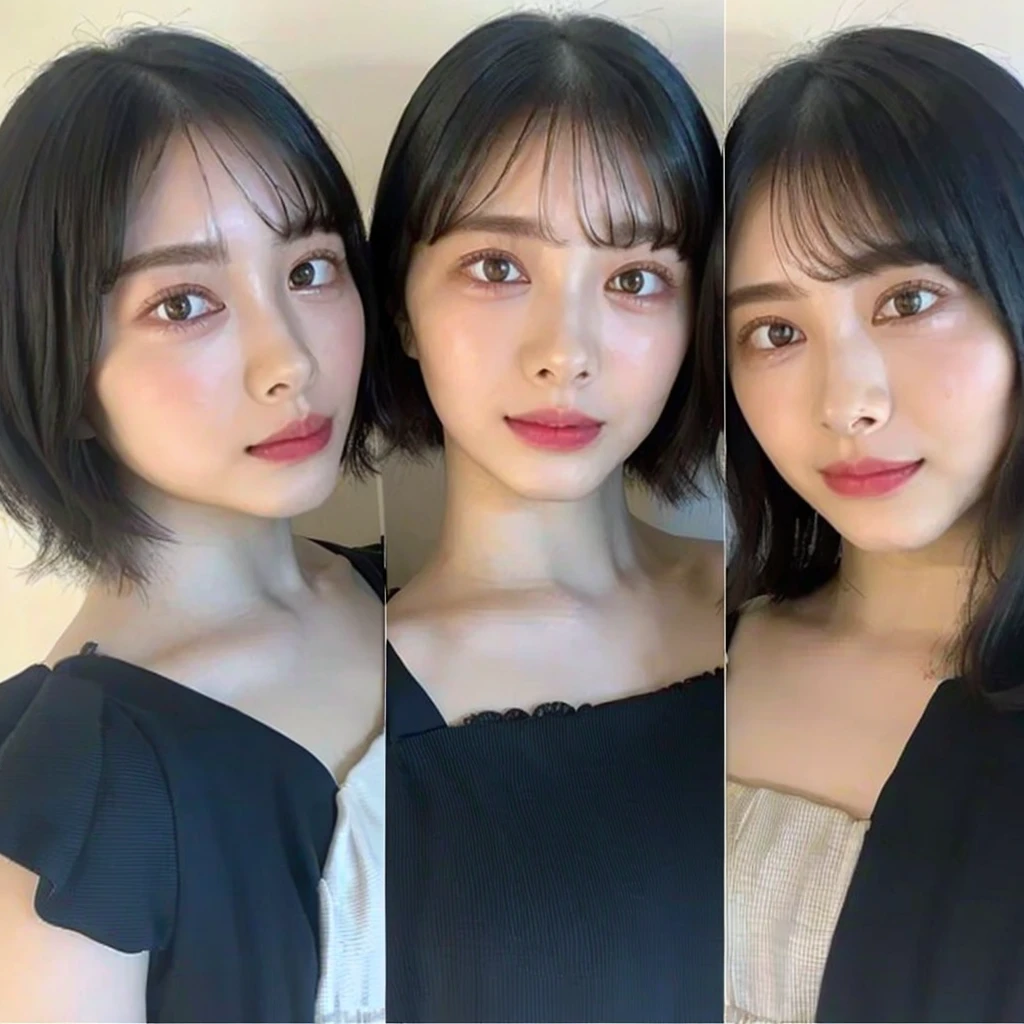 (masterpiece:1.3), (8k, Photoreal, Raw photo, best image quality: 1.4), Japanese high school girl、(random hairstyle:1.2)、cleavage:1.5、super detail face、eye for details、double eyelid、chest to chest、sharp focus:1.2、Beautiful woman:1.4、light brown hair、highest quality、masterpiece、超A high resolution、(Photoreal:1.4)、Highly detailed and professionally lit smiles、loose and light knitwear、shoulder out、thin、serious expression、short haired、deadly position
similar identical twins
All the girls have the exact same face, The two have the same face and figure, as if they were mirror images.