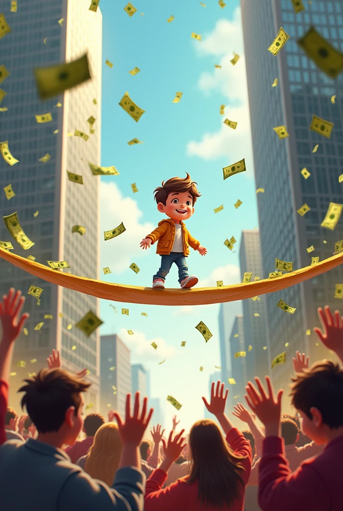 Boy walking along a line crossing two buildings and the people below are applauding while a lot of money falls from all sides and you have a beautiful smile helping everyone 