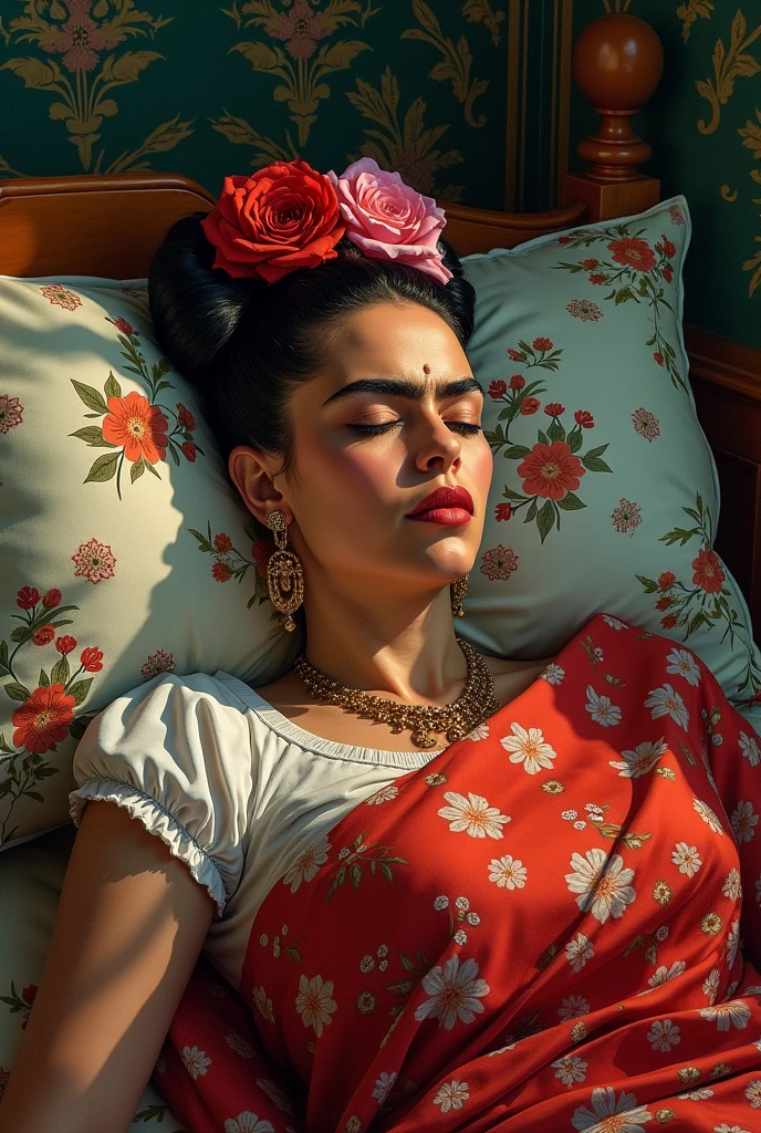 Frida Kahlo in bed after her accident , with bright and striking tones