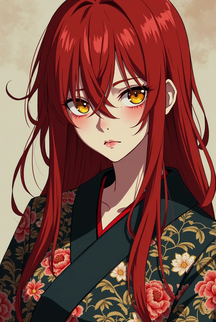 Mujer 2D estilo Jujutsu Kaisen, Pale skin, long, disheveled red hair, intense yellow eyes, She has red makeup on her eyelids, with a serpentine look, serious expression but with a small mischievous smile, dressed in a kimono with flowers and trees.
