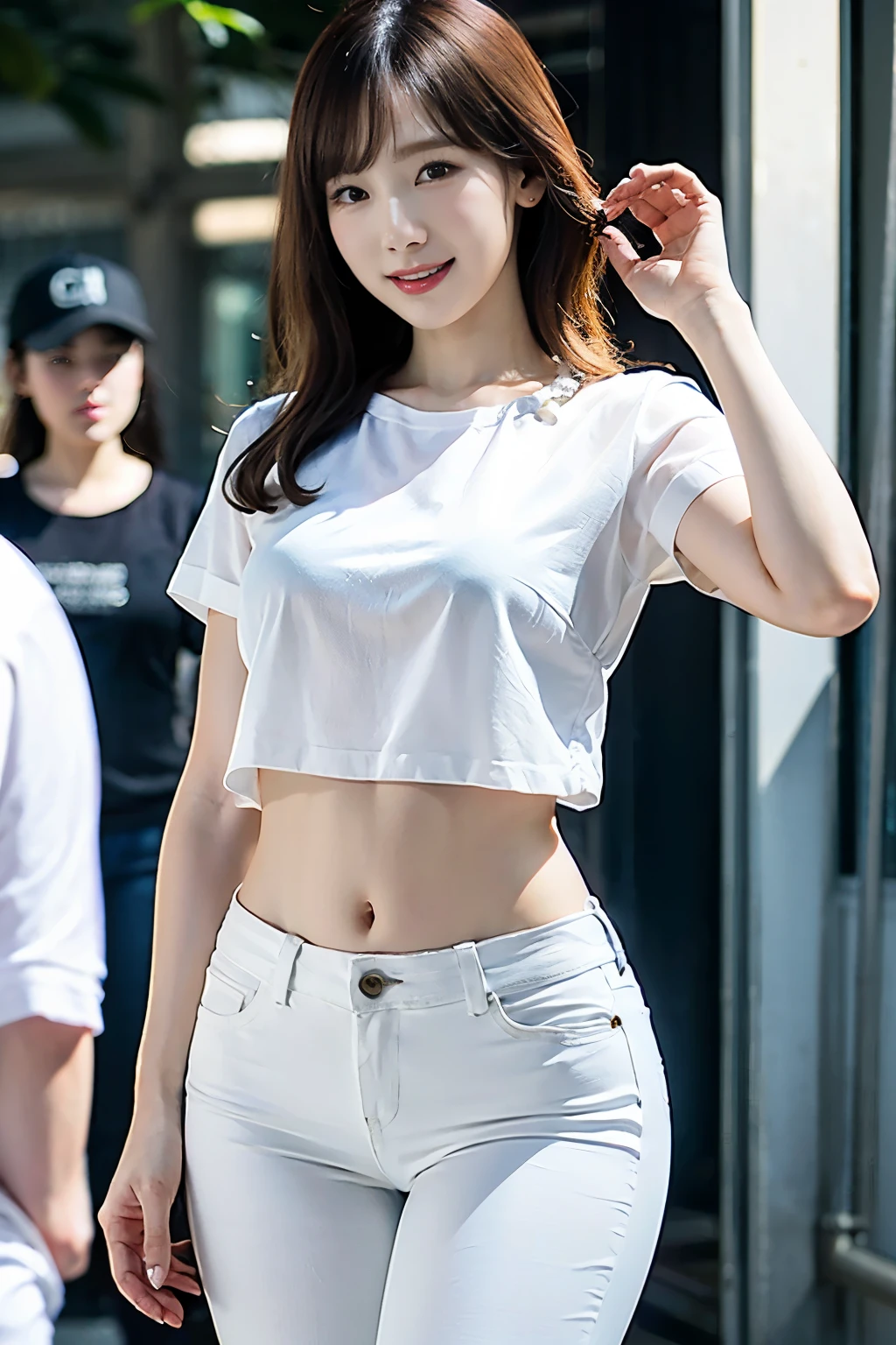 Asian woman in white shirt and blue jeans, hyperRealistic , Otaku, V-shaped clothing with an open neckline, Korean Girls, a hyperRealistic , Wear a shirt, Smooth white tight clothing suit, Realistic , Gorgeous Young Korean Woman, sakimichan, Trending on cgstation, dynamic poses, Interesting outfits, (exposed lower abdomen), smiling