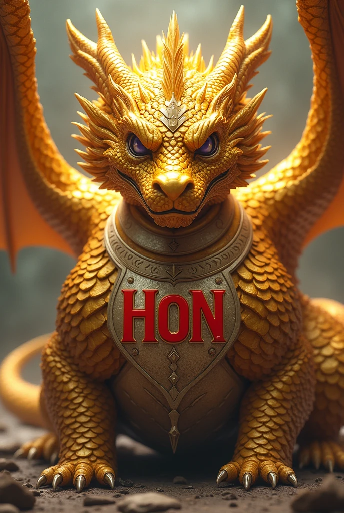 A golden legendary dragon with a collar with the words HON written on its chest facing forward with a soldier in its manes with a collar with the words HON written in red and very large letters. 
