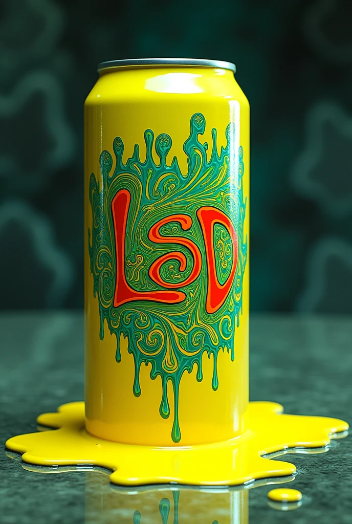  Psychedelic artwork melting from a fluorescent yellow energy drink can with Acid Taste written in cyan green and LSD Acid Soda written in small letters underneath 