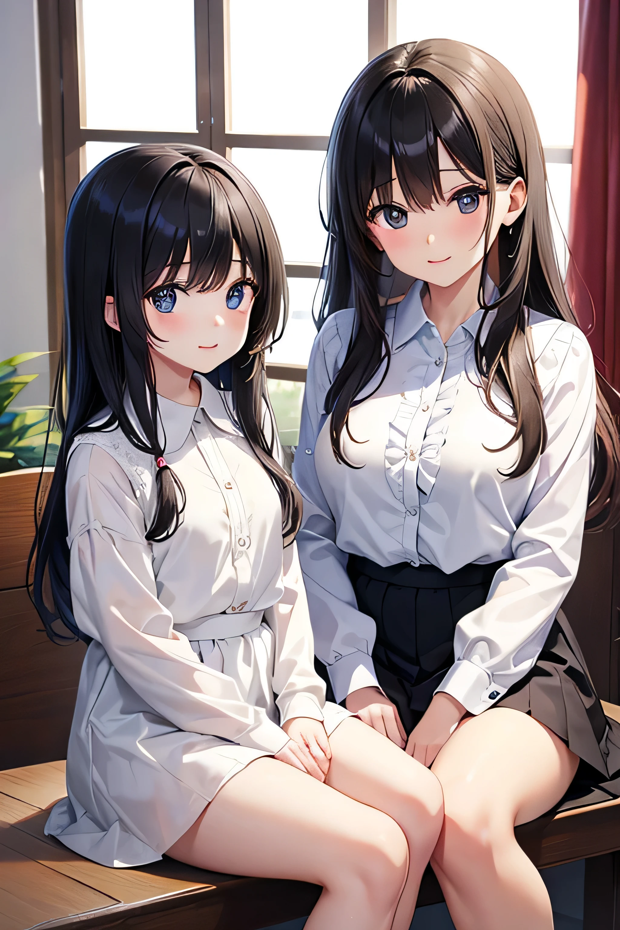 High resolution, Long Hair, accurate, masterpiece, Highest quality, (
￼Adults and children、Mother and daughter)、2 people、(Young、cute)、Black Hair、clear、Shirt blouse、Collared shirt blouse、白いShirt blouse、Light pink shirt blouse、Blouse with ruffles、Long sleeve、Positive、Small breasts、Sitting side by side、Young、Low heightHigh resolution, 