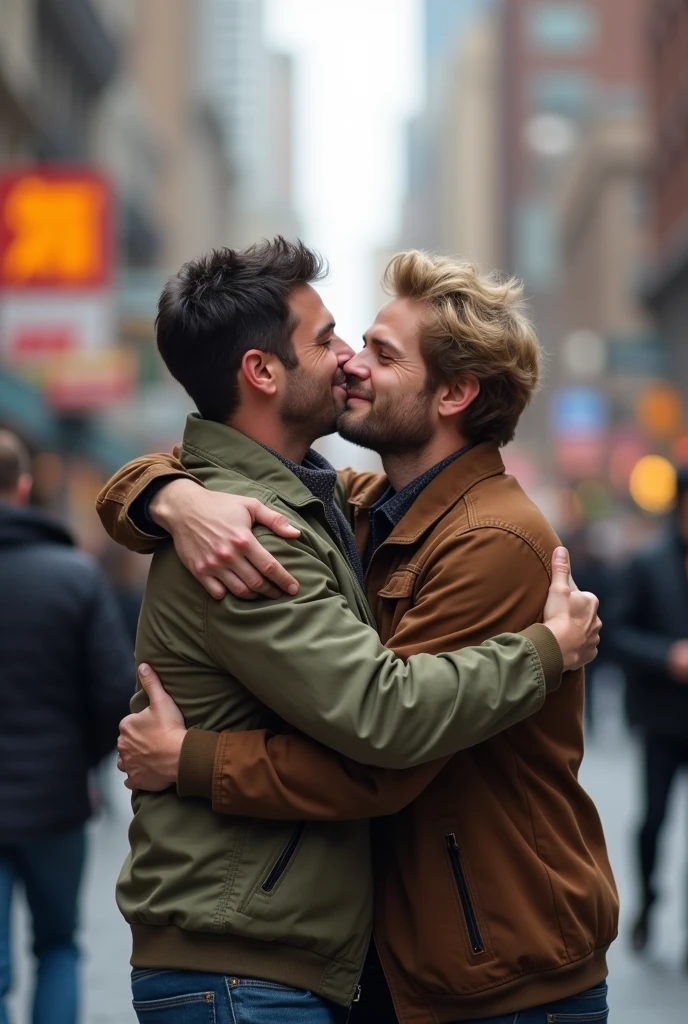 Two male friends have an unexpected reunion and hug each other