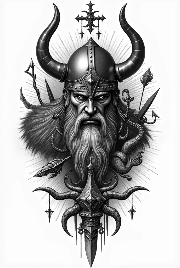Create a black and white Viking pointillism tattoo filled with symbols known in Viking culture and warfare