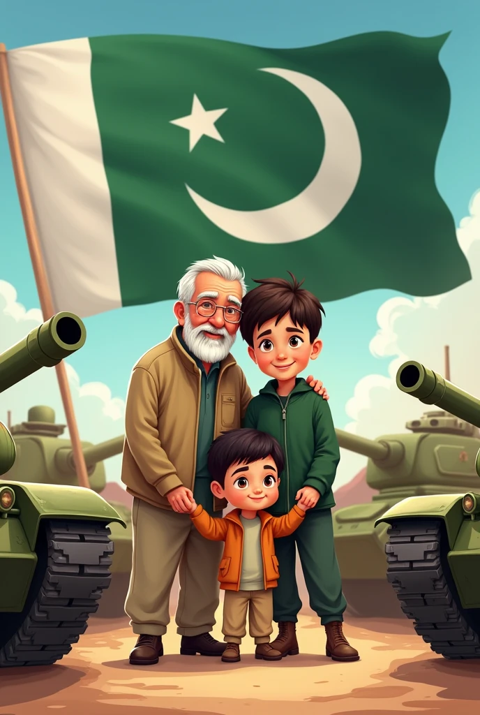 Imagine Ali is a small boy and his grandfather should be shown with the Pakistani flag the background, army tanks cartoons