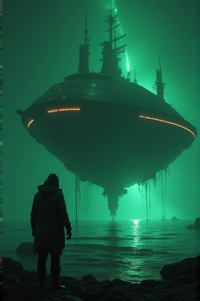 ((best quality)), ((masterpiece)), (detailed), Filled with fear, the sailor approaches and sees alien(human size) beings inside, engrossed in advanced technology beyond his understanding. floating base alien in the middle sea . (night green)