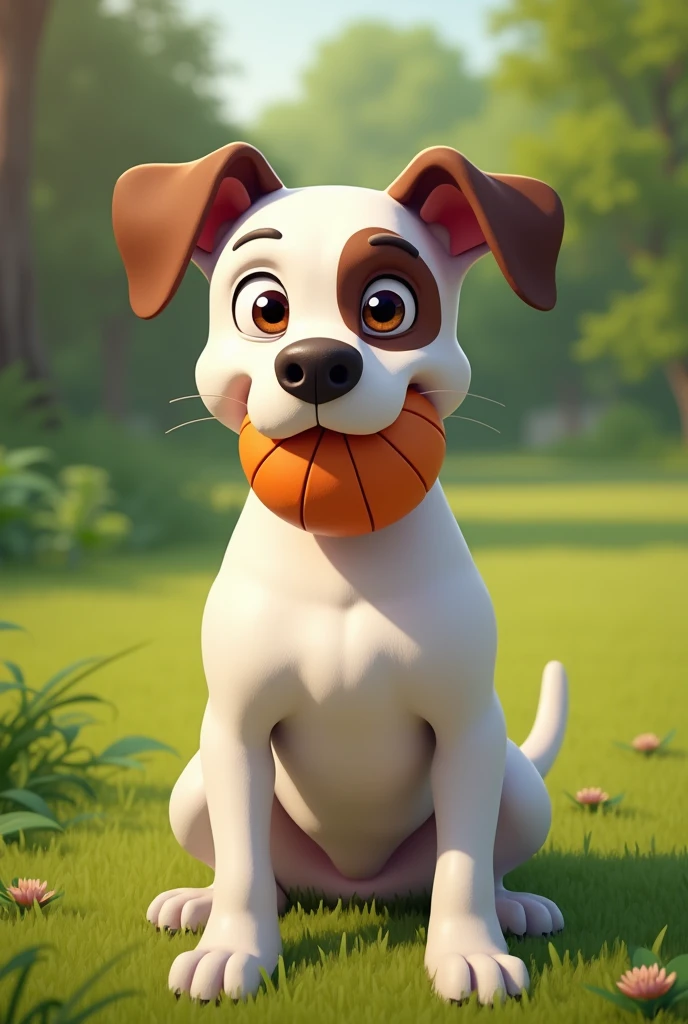 Generate a dog that is a Boxer breed of dog that is white with a brown spot on the eye , that he is sitting with a ball in his mouth
