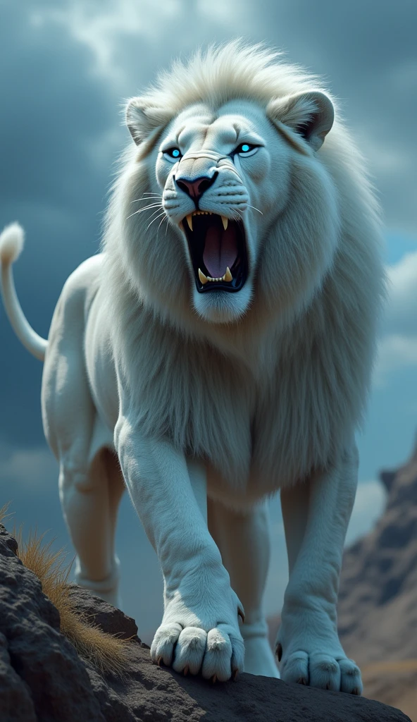 Generate an ultra realistic 8k image of a big strong blue-eyed white lion roaring