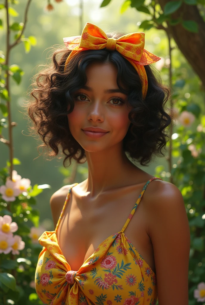 A short curly haired Brazilian woman in a garden and wearing a beautiful bow