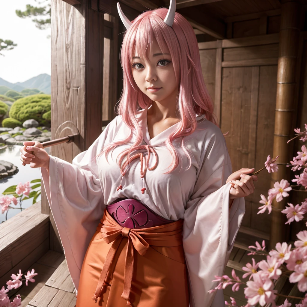 (8k, RAW Photo, Top Quality, Refined Details, Masterpiece: 1.2), (High Resolution 8k Wallpaper), Sharp Focus, Professional Lighting, Depth of Field, Cinematic Lighting, Background Blur,Shuna Tensura is a beautiful demon princess with long straight pink hair tied low, elegantly curved demon horns, and kind pink eyes. She wears a traditional Japanese shrine maiden costume with a floral pattern over a red hakama and white kimono. Her expression is gentle and gentle, giving a sense of calm and inner strength. Her background depicts a tranquil Japanese garden and bamboo forest, creating an elegant and peaceful atmosphere. Her skin is white and her features are delicate and beautiful.