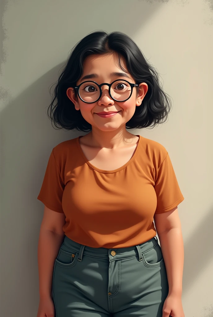indigenous woman, aged 50, medium-length black hair, round glasses, chubby, chubby, short, usando bermuda.
