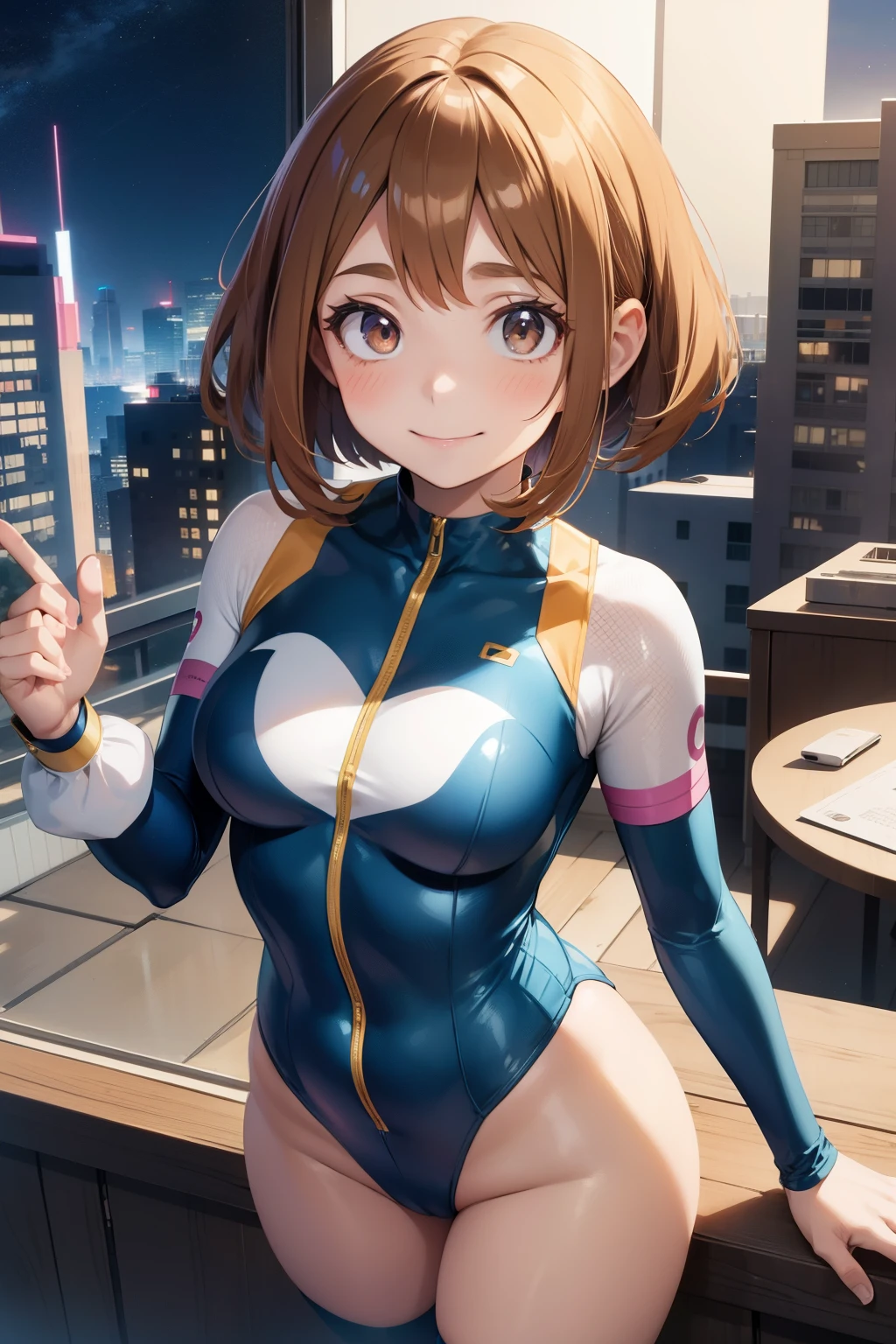 Ochaco Uraraka ,1girl , anime , masterpiece , smug smile ,short hair, hero uniforme leotard ,uravity , medium breasts , coxas , night city, sexy