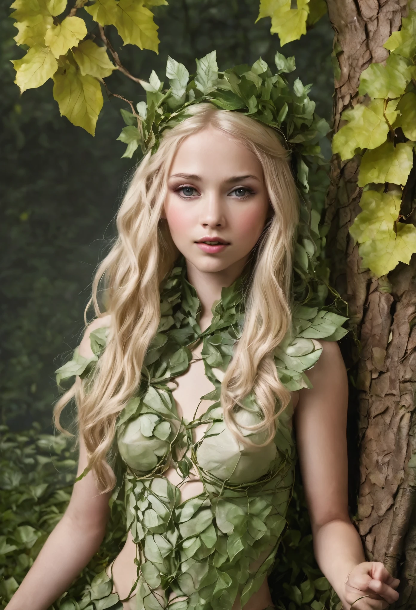 ((best quality)), ((masterpiece)), (detailed), 1girl, dryad emerging from her tree, dressed in clothing made only from leaves and vines, blonde hair