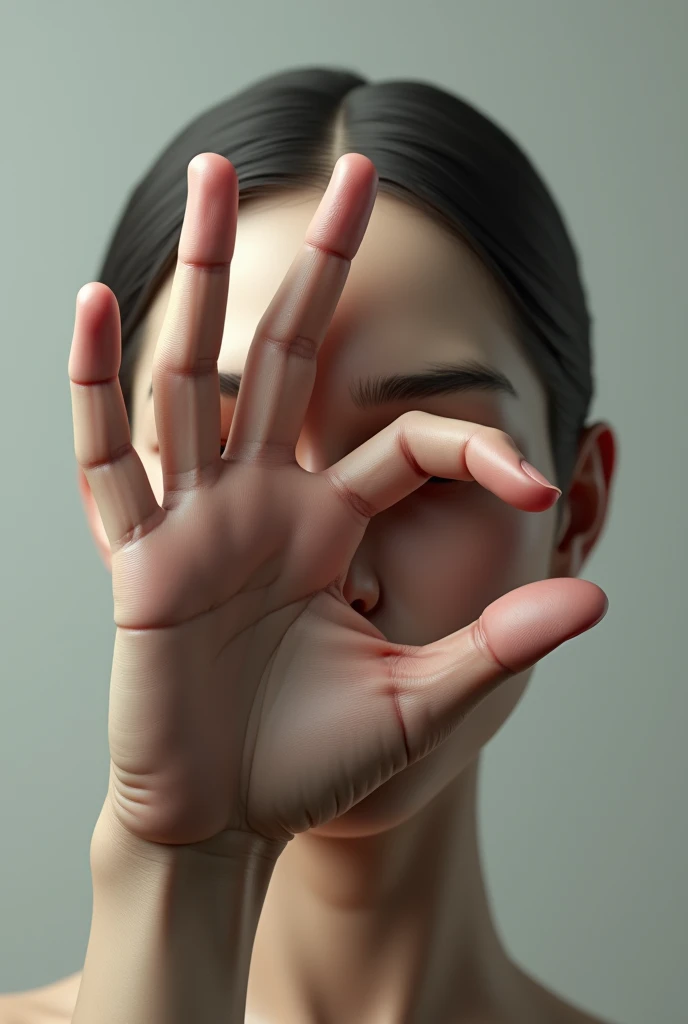 A hand making a zero and covering one eye of the face