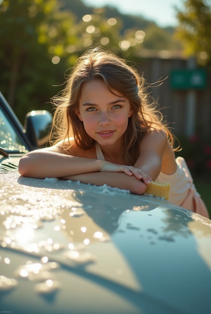 "A candid snapshot of Sophie Rudskaya Niconovak, age 18, captured in a moment of genuine innocence and spontaneity, reminiscent of a Kodak EasyShare photograph. She has delicate skin and an expressive, symmetric face adorned with a shy glance, full pink lips, and a subtle smile that hints at sweetness. Her rosy cheeks reflect a blend of French, Russian, and Brazilian heritages, embodying curiosity.
The scene is set in a sunlit backyard where Sophie is seen from the rear view, leaning on the hood of a 2010 car while washing it. She holds a sponge in her hand, with suds and foam glistening under the warm sunlight. The background is softly blurred, enhancing the sense of a relaxed, everyday moment. The overall aesthetic has a pixelated warmth, capturing the simplicity and authenticity of her actions, evoking a nostalgic feel rather than a formal composition. The lighting is natural and soft, suggesting a serene summer day, with emphasis on the textures of the car, the water, and her delicate features. The image is photorealistic, with a focus on the fine details to enhance the emotional depth of this everyday life scene."