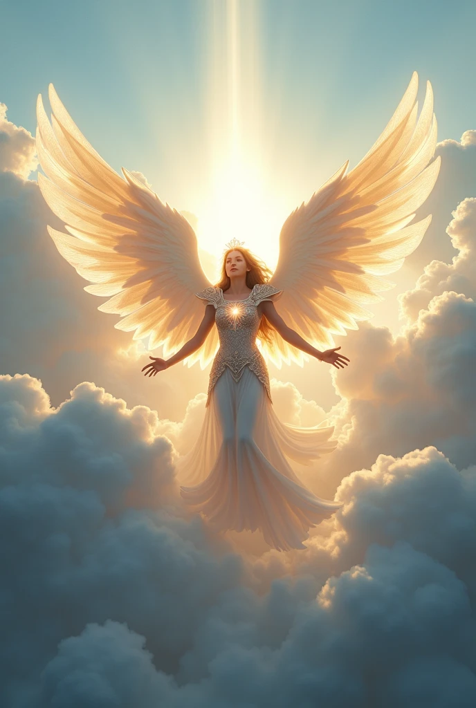 An angel flying over the clouds in shining armor