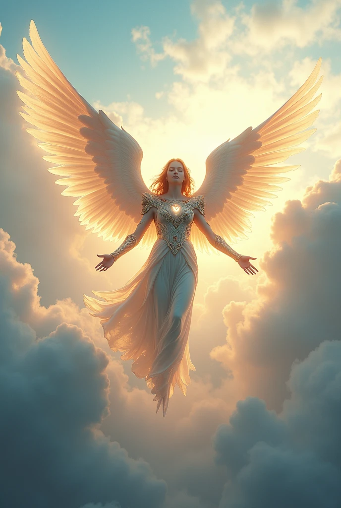 An angel flying over the clouds in shining armor