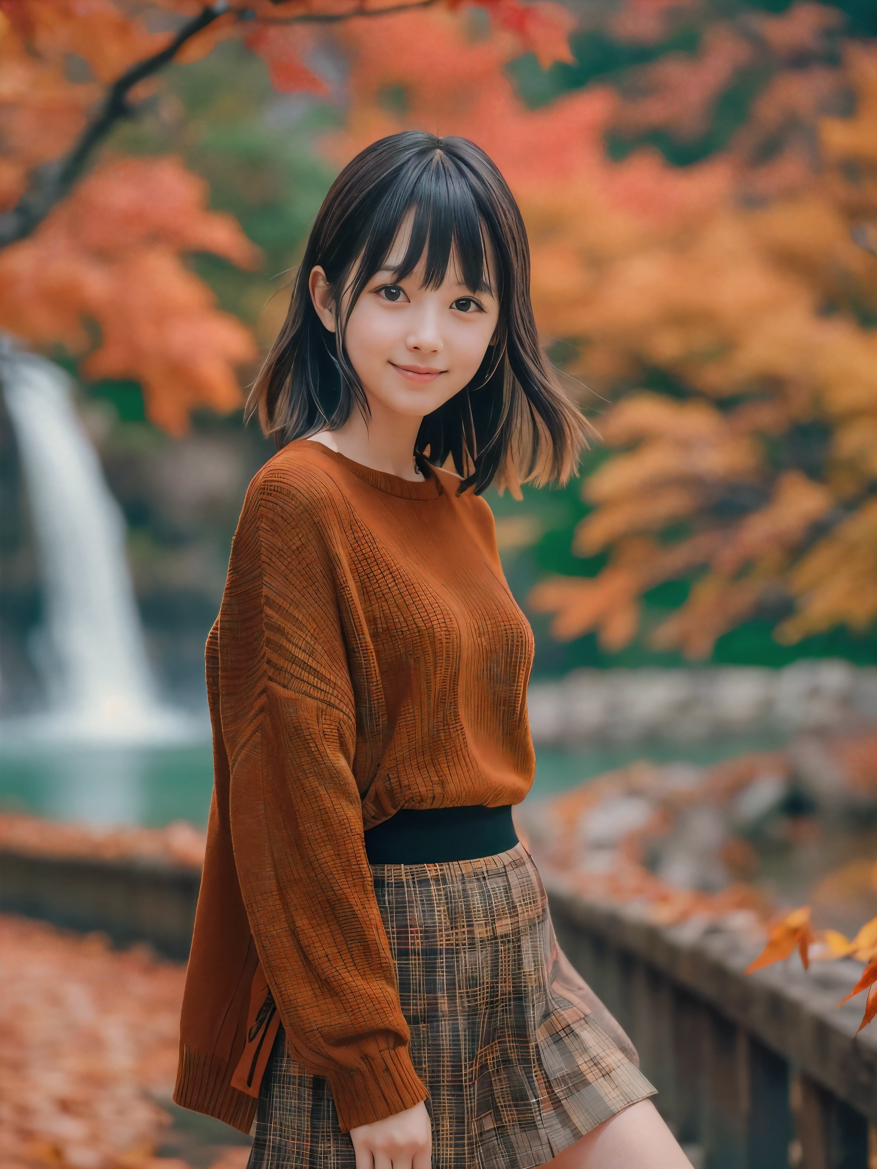 (Close up face shot of one slender small two side up black medium hair with bangs girl in a long sleeves shirt and sweater and skirt:1.5)、(One girl is dancing with happy smile on the dart road near the lake and big waterfall in Japan:1.5)、(Beautiful autumn red leaves landscpe:1.5)、(Natural light:1.5)、(8k ultra detailed master piece:1.5)、(perfect anatomy:1.5)、(Photorealistic stick:1.5)、(Raw photo:1.3)、(highest quality:1.5)、(High resolution:1.3)、(Delicate and beautiful perfect face:1.3)、(Delicate and beautiful eye air skin:1.3)、(Real Human Skin:1.3)、((thin legs))