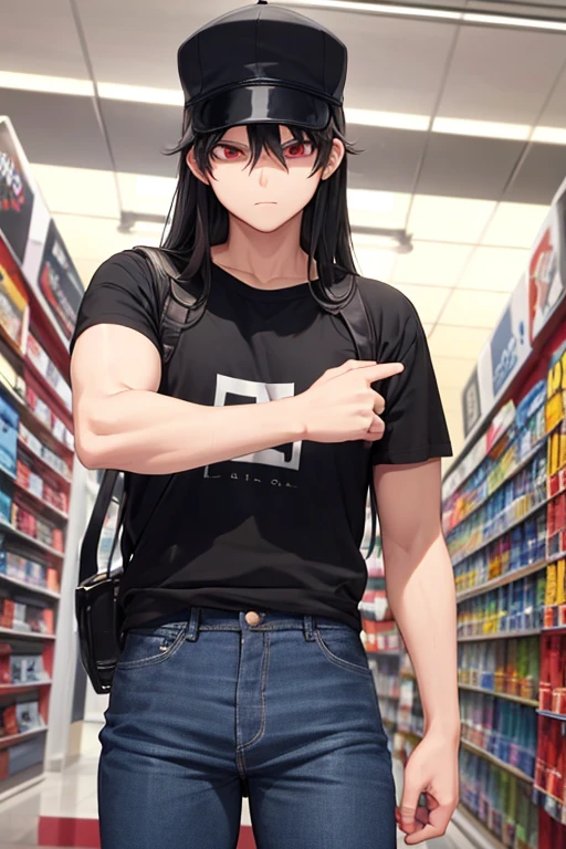 1 male, teenage boy, man body, man face, black long hair, cap, black shirt, blue jeans, red eyes, serious face, mall, game store, one gun, hand