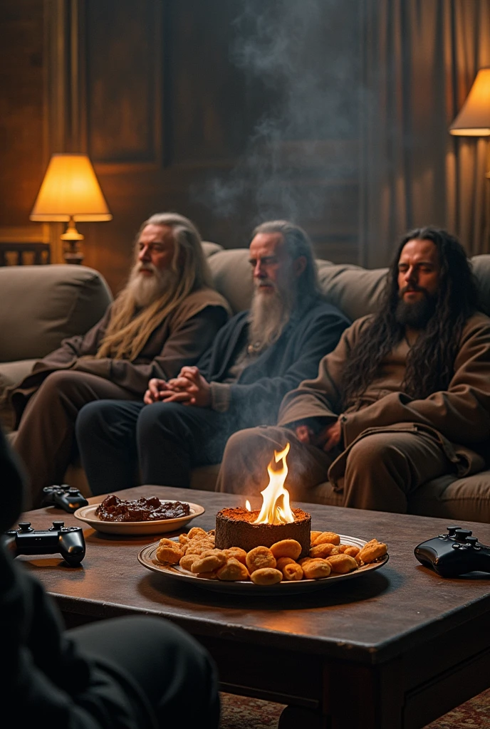 une photo des personnages du seigneur des anneaux Gandalf Sauron peregrin gimli ensemble dans un salon entrain de dormir allongés chacun sur un canapé les yeux fermés en regardant le film du seigneur des anneaux sur une télévision. Sur une table un cendrier avec une cigarette allumer et la pièce remplie de fumée sur la table des restes de crêpes et de chocolat à tartiner avec des manettes poser sur la table également