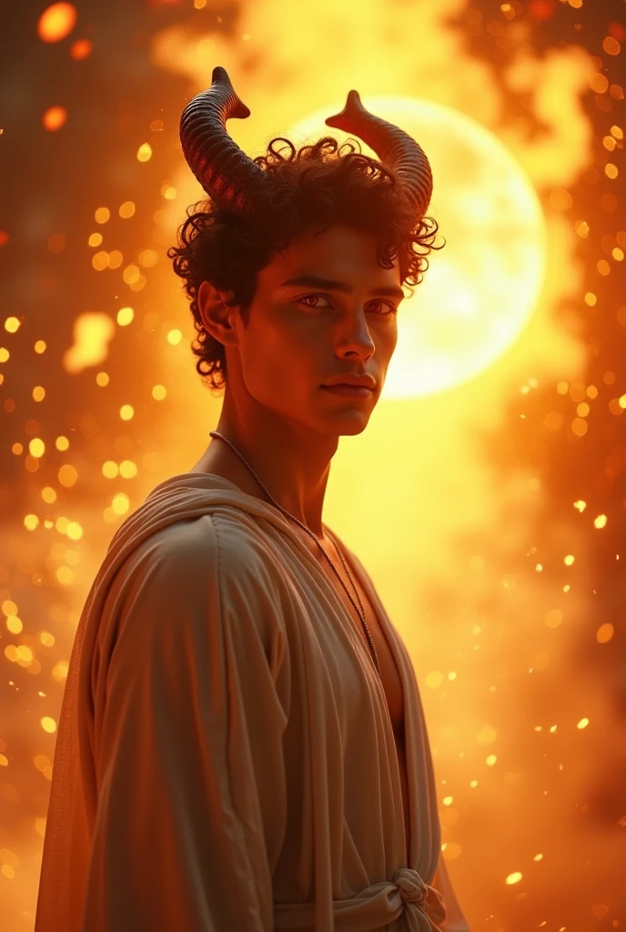 Representation of the sign of Aries being ascendant in Virgo, with a very ethereal young man, features reminiscent of timothee chalamet, red eyes and small horns, CHALLENGING GAZE, greek god style clothes, passing through a scenario of sun and fire but very beautiful and ethereal
