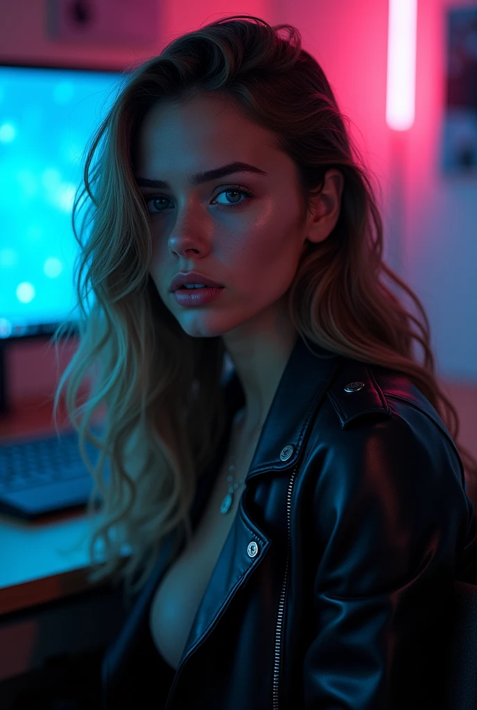 beautiful young happy very beautiful girl, very sad and crying, blue charming eyes, sophisticated face, medium size prominent bust and ass, brown black long hair, black rugged leather medium jacket, sitting in room, dark, dark, blue and pink neon, pc,,( , close-up, focus, style),
(airbrush painting, detailed style), soft lighting, 8k