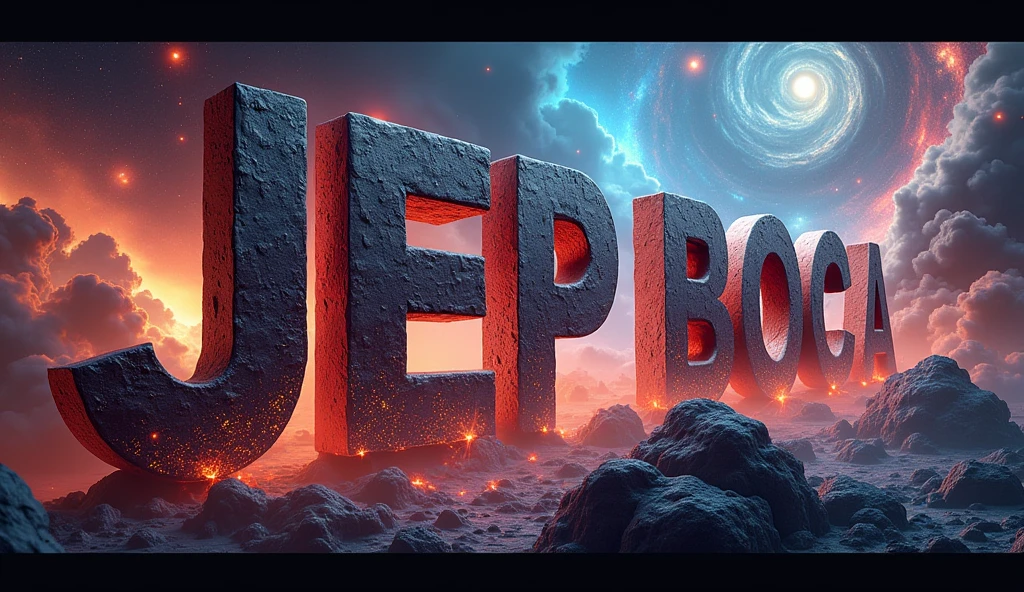 Poster with the word Jep Boca in 3D with a catastrophic universe background