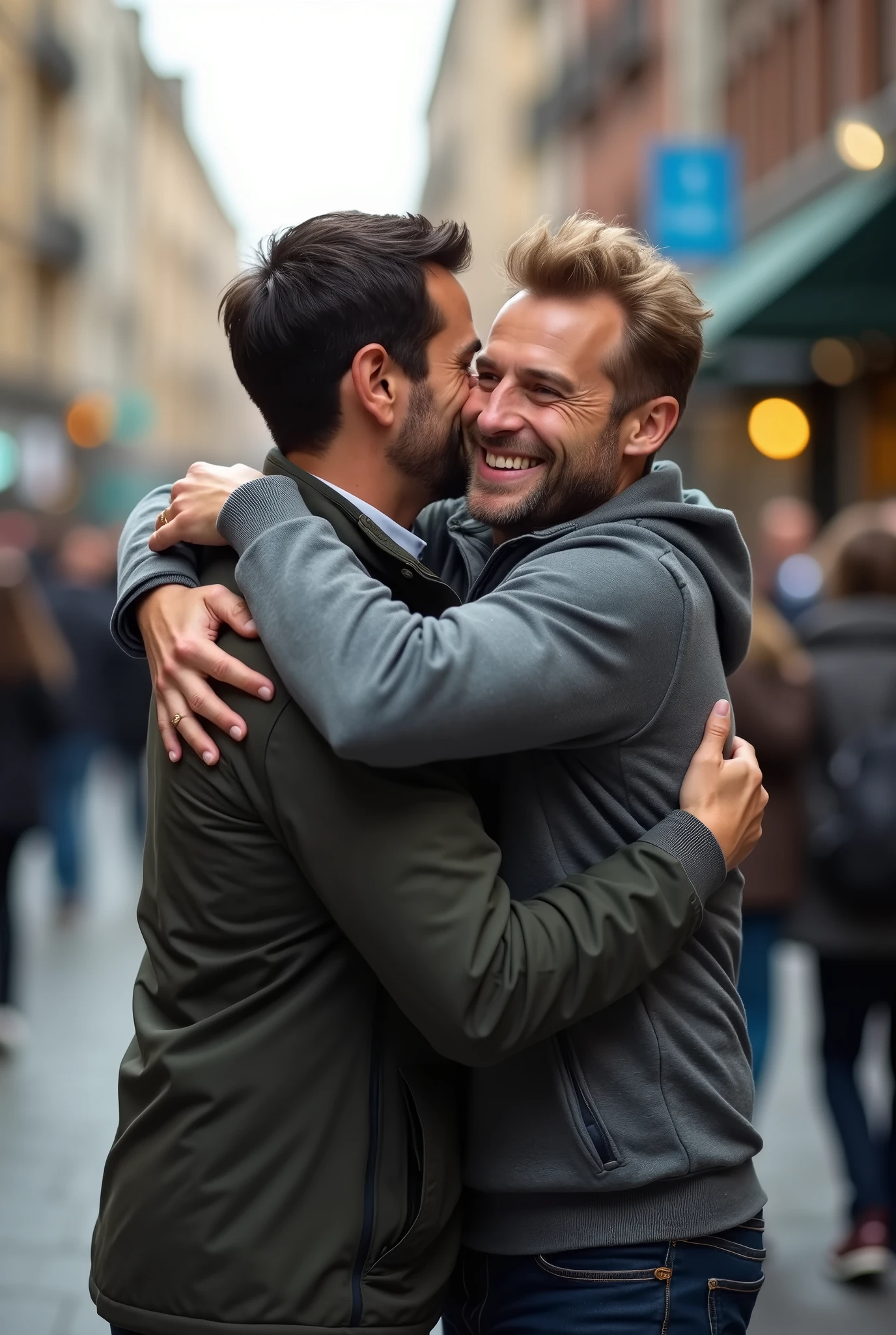 Two male friends have an unexpected reunion and hug each other