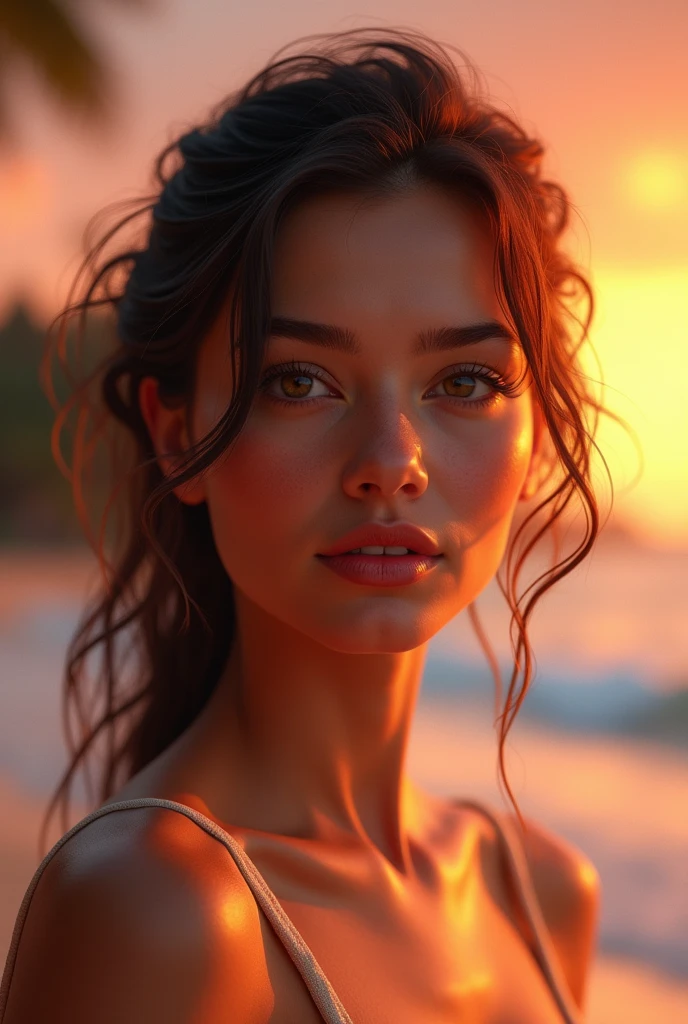 A superb portrait of'a pretty woman, capture every detail in high-resolution, ultra-detailed realistic style. Its realistic colors radiate'une palette vibrante, reflecting the warm hues of'a vibrant sunset over a tranquil beach scene. L'photorealistic image highlights the complexity of its features, faisant ressortir les vraies textures de sa peau sous l'HDRI Lighting. La composition professionnelle utilise à la fois une mise au point nette et un bokeh, perfectly balancing the depth of the scene and highlighting the physical beauty of the subject. With a backdrop of crashing waves and lush palm trees, cette image est un véritable chef-d'physical rendering work, beautifully
