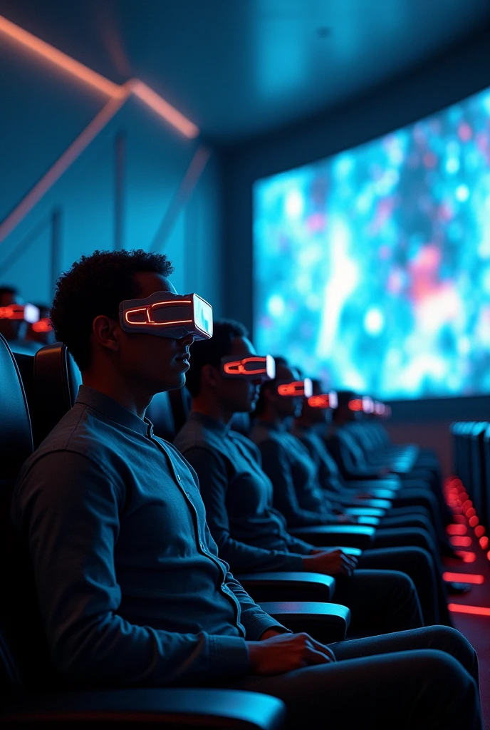 A cyberpunk-looking image of identical people wearing futuristic glasses, sitting in ultra-modern cinema seats watching a three-dimensional science fiction film