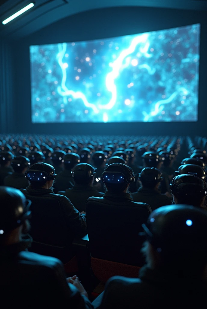 A cyberpunk-looking image of identical people wearing futuristic glasses, sitting in ultra-modern cinema seats watching a three-dimensional science fiction film