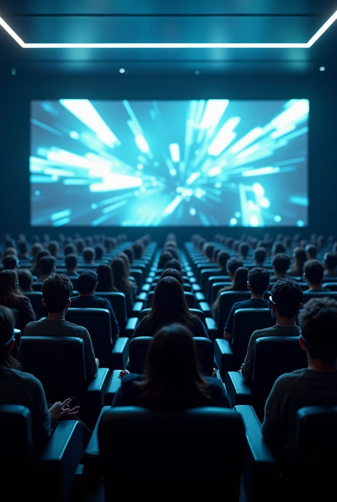 A cyberpunk-looking image of identical people wearing futuristic glasses, sitting in ultra-modern cinema seats watching a three-dimensional science fiction film