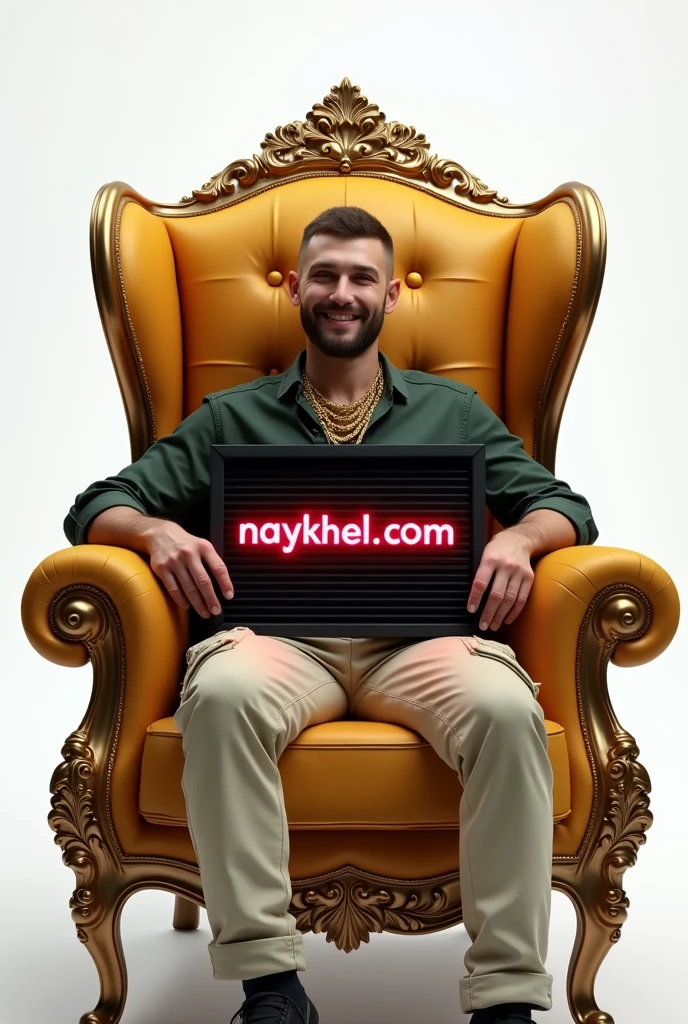 handsome russian man, in dark green shirt and cream cargo pants, gold chains in neck, smiling face, sitting on a golden royal crown wingback sofa, in relaxing pose, holding neon sign board with text "NAYAKHEL.COM", showing to the viewer, in white background