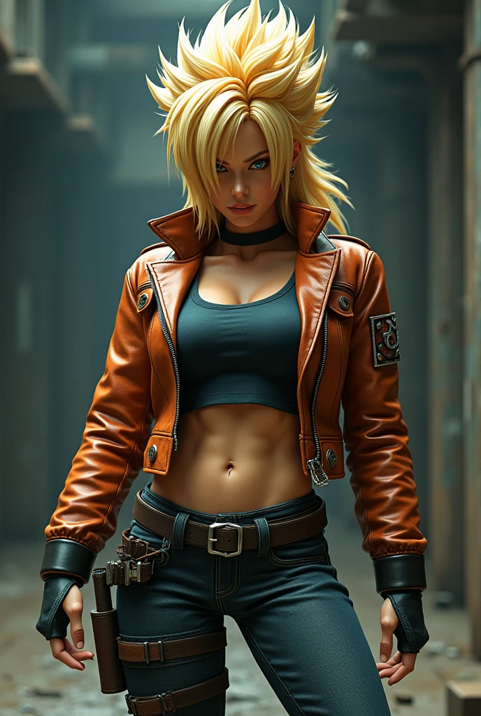 Image of a female version of Goku wearing the clothes of the T-800 from Terminator.