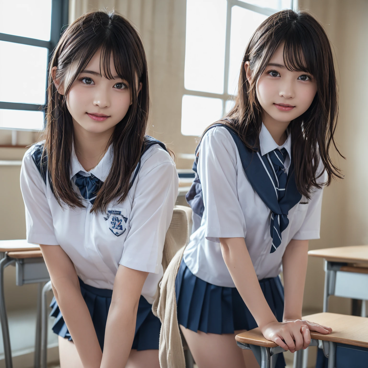 Tabletop, highest quality, Japanese Girls,One Girl, 8k, RAW Photos, highest quality, Tabletop, Debtdebt:1.2, Highly detailed RAW color photos, Professional photos, (Realistic, Realistic:1.37), (Highly detailed skins:1.2), Ultra-high resolution, (lenz 50mm), (debt/1.2),Exquisitely drawn eyes,Gazing at the audience,
One Girlと別れる (Many elderly people:1.4), Beautiful Face, cute,(smile:1.05),(20-year-old, Wide Hips,Straight hair, (short hair), iris, white and fine-grained skin,Small Mouth, high cheekbones (meaning), Sexy pose,(Leaning forward:1.3),(The to the debtW:1.1),White panties、Korean Idol、Nogizaka Idol、Carving an idol pose、Adult、、(Tabletop, highest quality:1.3), (Ultra-fine 8K CG:1.2), (ultra-realistic:1.35), (Realistic:1.45), (Realistic:1.4), Cowboy Shot,
Beautiful Japanese Women, 2, supermodel, Japanese Idols, , (Sitting at a desk:1.1), (school uniform:1.4), (Skirt flip:1.6),
(School classroom background:1.1), A slightly troubled look、Smile a little、
