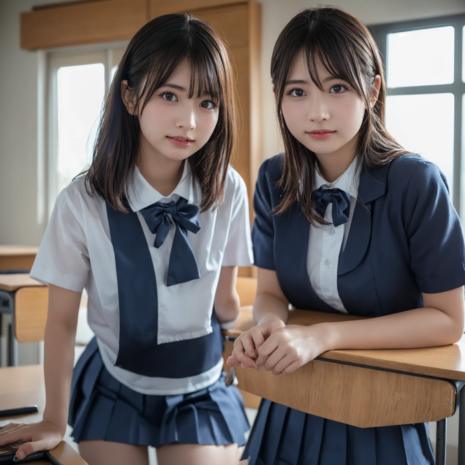 Tabletop, highest quality, Japanese Girls,One Girl, 8k, RAW Photos, highest quality, Tabletop, Debtdebt:1.2, Highly detailed RAW color photos, Professional photos, (Realistic, Realistic:1.37), (Highly detailed skins:1.2), Ultra-high resolution, (lenz 50mm), (debt/1.2),Exquisitely drawn eyes,Gazing at the audience,
One Girlと別れる (Many elderly people:1.4), Beautiful Face, cute,(smile:1.05),(20-year-old, Wide Hips,Straight hair, (short hair), iris, white and fine-grained skin,Small Mouth, high cheekbones (meaning), y pose,(Leaning forward:1.3),(The to the debtW:1.1),White panrean Idol、Nogizaka Idol、Carving an idol pose、Adult、、(Tabletop, highest quality:1.3), (Ultra-fine 8K CG:1.2), (ultra-realistic:1.35), (Realistic:1.45), (Realistic:1.4), Cowboy Shot,
Beautiful Japanese Women, 2, supermodel, Japanese Idols, , (Sitting at a desk:1.1), (school uniform:1.4), (Skirt flip:1.6),hool classroom background:1.1), A slightly troubled look、Smile a little、