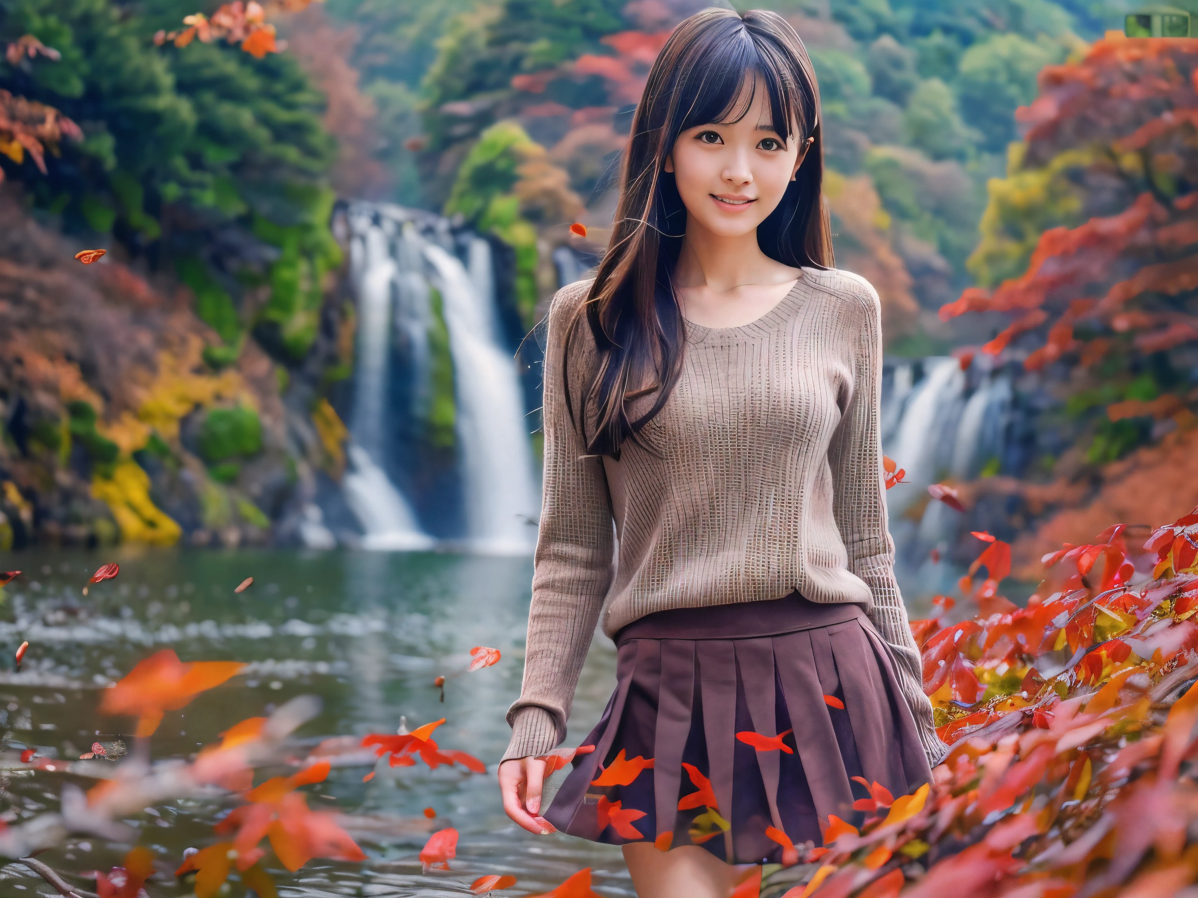 (Close up face shot of one slender small breasts dark silver long hair with swept bangs girl in a long sleeves shirt and sweater and skirt:1.5)、(One girl is dancing with happy smile on the dart road near the lake and big waterfall in Japan:1.5)、(Beautiful autumn red leaves landscpe:1.5)、(Natural light:1.5)、(8k ultra detailed master piece:1.5)、(perfect anatomy:1.5)、(Photorealistic stick:1.5)、(Raw photo:1.3)、(highest quality:1.5)、(High resolution:1.3)、(Delicate and beautiful perfect face:1.3)、(Delicate and beautiful eye air skin:1.3)、(Real Human Skin:1.3)、((thin legs))