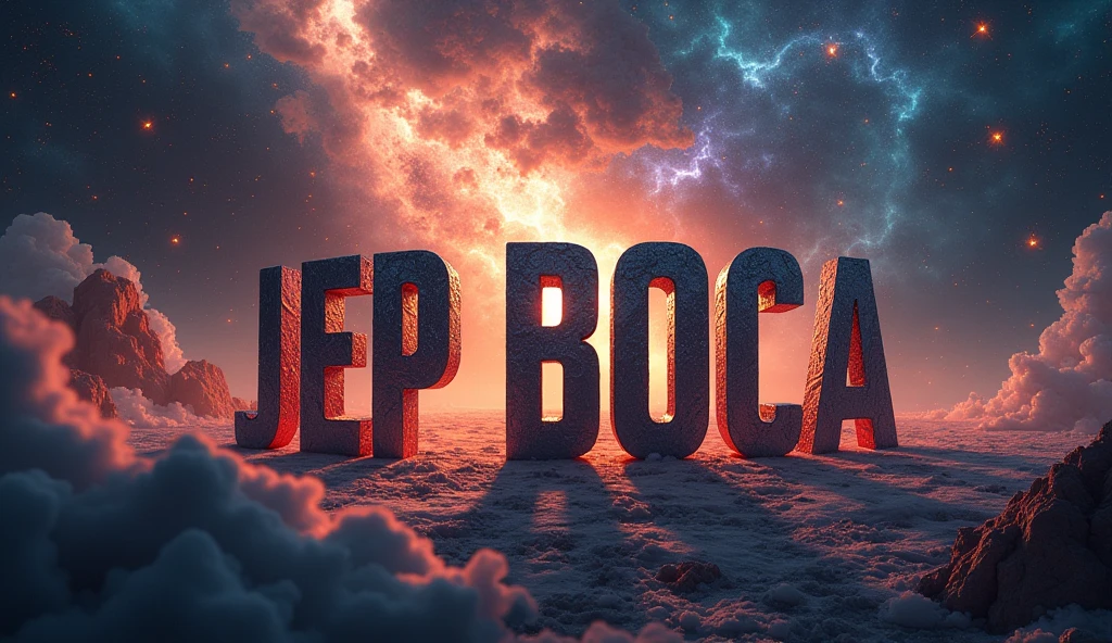 Poster with the word Jep Boca in 3D with a catastrophic universe background