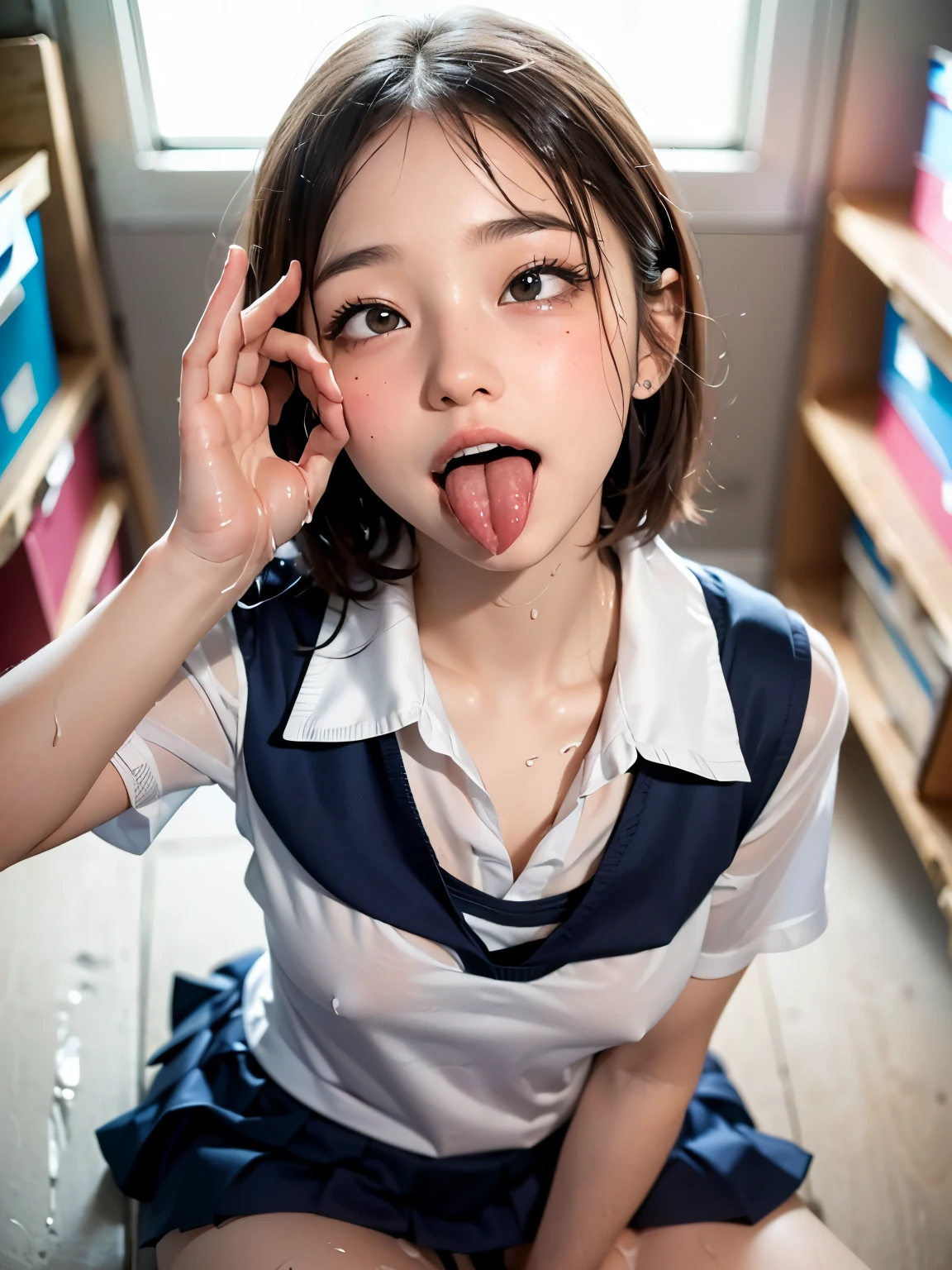 Top quality、Excellent detail、Extremely detailed depiction、(Raw photo:1.2)、Delicate skin、Ultra-high resolution、(Photorealistic、live-action)、Bright lighting、(Cute Japanese women)、(short hair、A sparkling smile、A big smile、A cheerful smile、Mouth open and tongue out:1.2)、(Looking up、Droopy eyes、School uniforms、Wet shirt、skirt、Her bra is visible under her shirt:1.4)、(Shot from above、looking at the camera:1.2)、(Raise the hand、Sitting in the school storage room:1.3)、(Spread legs、I can see your cute panties、Leg focus:1.3)、Perfect Anatomy、Full body shot