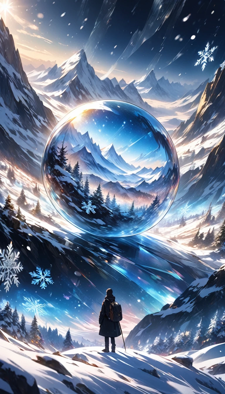 Black painted canvas, transparent, Sparkling snow falls, transparent holographic reflection, Absurd landscape made of snowflakes, A beautiful world that leaves you speechless...,