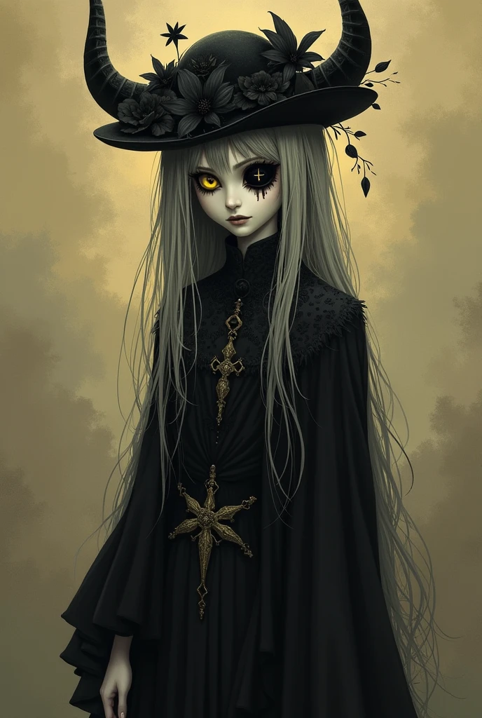 A creepy and attractive being
Gray skin
Long gray hair
Only black brown and yellow colors
Completely black eyes with yellow pupils in the shape of an ''x''
A black flower as the left eye
Prominent hat decorated with horns and black flowers
Penetrating gaze,
Long, elegant, dark and mysterious clothing, equally long cape, flowers on both hips, decorating her clothing