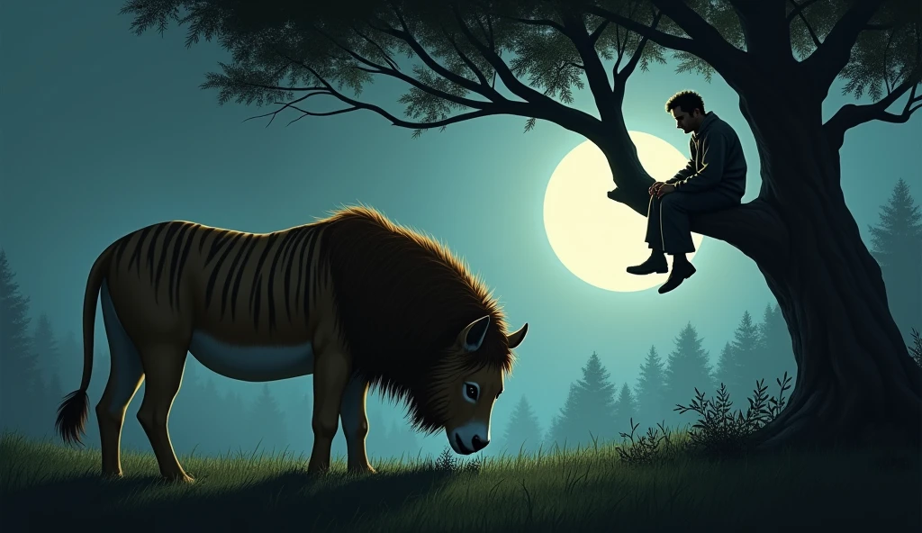 A donkey in lion's skin eating grass, a man sitting on a branch of tree, night view moonlight, darkness