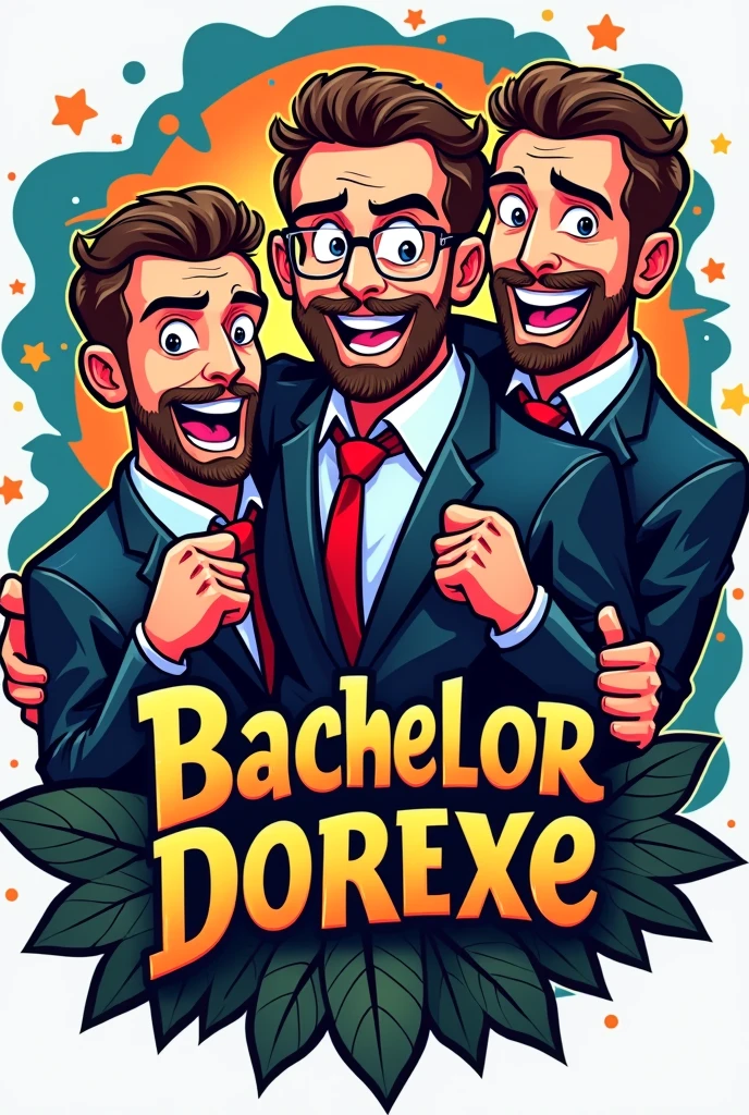 bachelor party logo, with three men and their names eliot, posh jesus