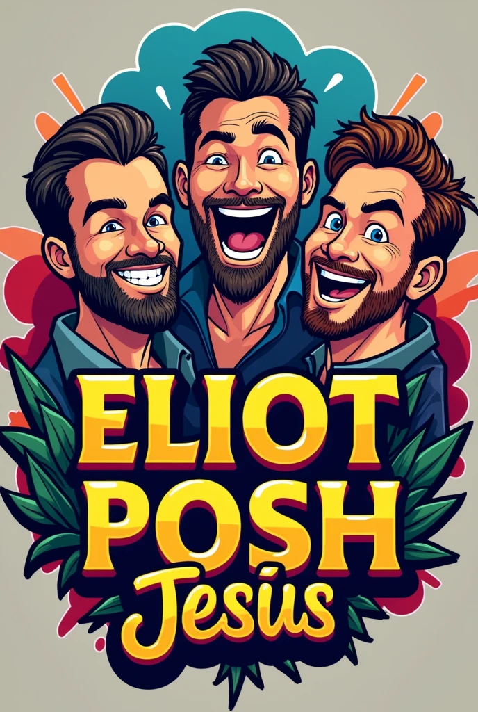 bachelor party logo, with three men and their names eliot, posh jesus